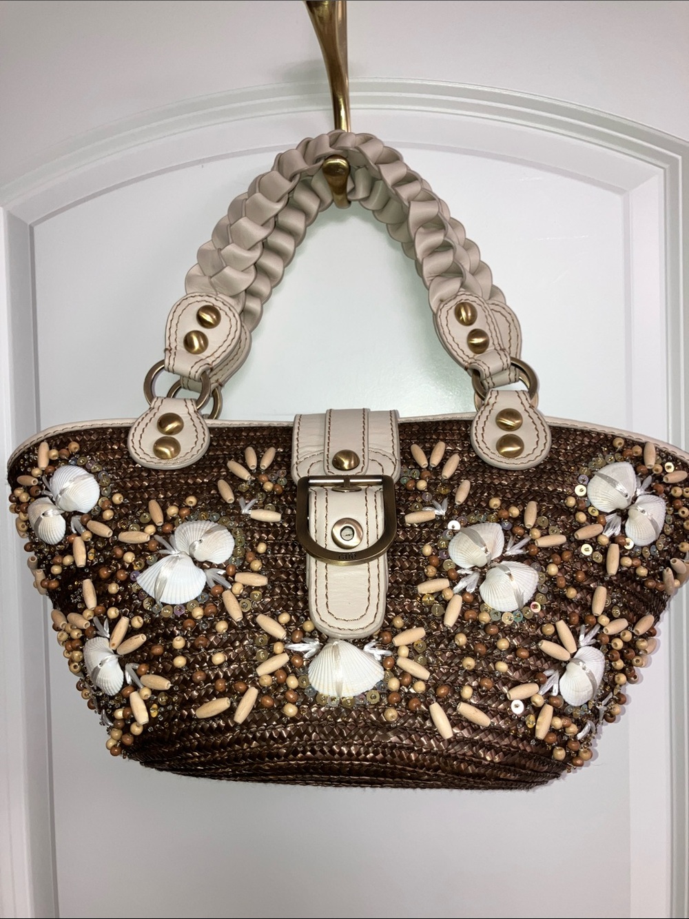 New Rafē straw shells bag brown cream